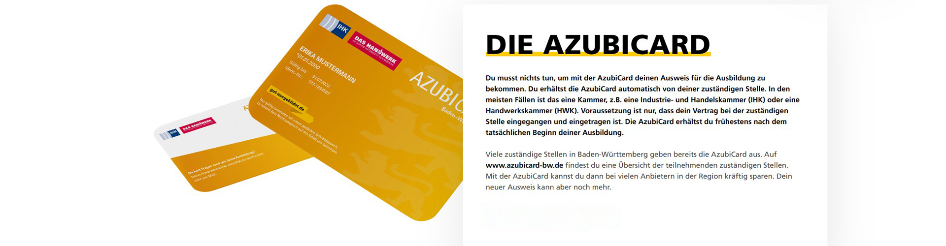Vorder- und Rückseite der AzubiCardBW mit Musternamen, daneben Infos über die AzubiCardBW