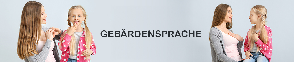 Bannerbild der Seite Gebärdensprache, Frau und Kind kommunizieren in Gebärdensprache