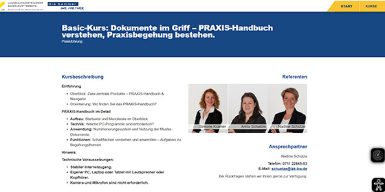Webseite Fortbildung neuer Kurs Mitarbeiterinnen Praxisführungsabteilung