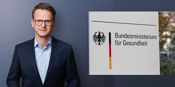 der neue Bundesgesundheitsminister Carsten Linnemann (CDU) vor dem Schild des BMG