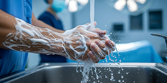 Ein Mann wäscht sich die Hände mit Seife unter fließendem Wasser
