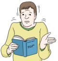Ein Mann liest in einem blauen Buch und versteht nichts, weil der Text in schwerer Sprache ist