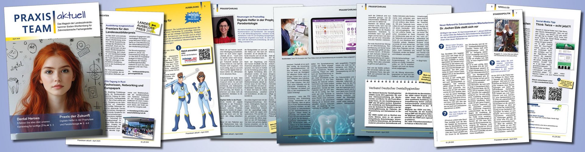 Collage der April-Ausgabe 2025 des Magazins "Praxisteam aktuell"