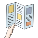 Man sieht eine Hand, die ein Faltblatt mit Text und Bildern hält